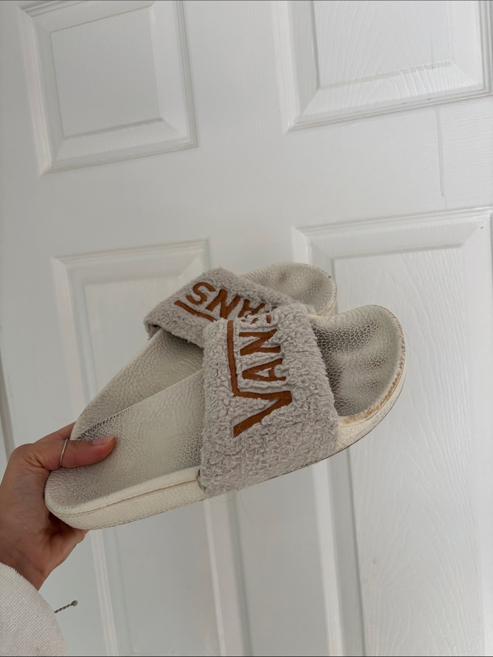 Vans Cream Sherpa Slide Sandals with Tan Logo